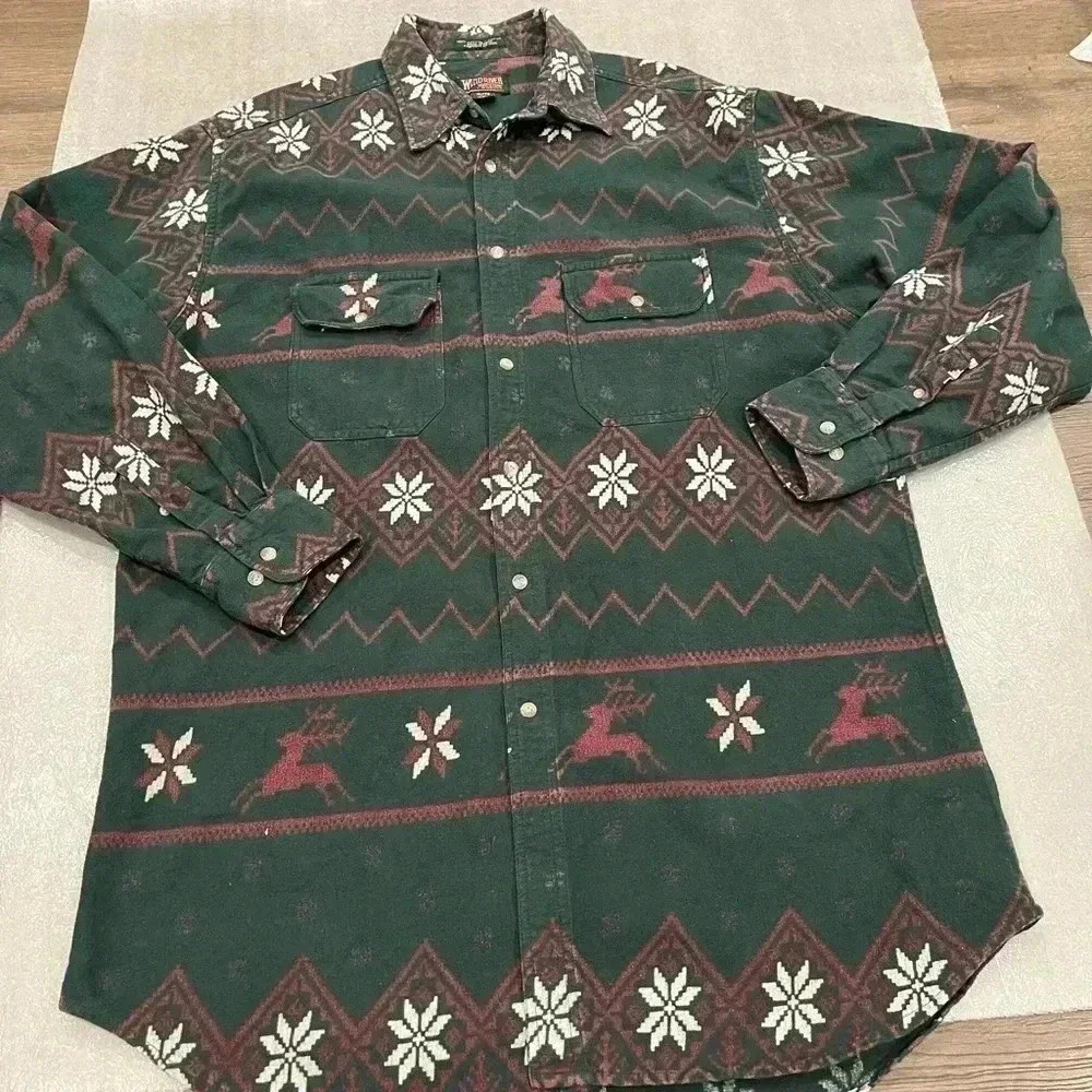 Host Pick❤️[XL]Vintage  Windriver Button Up Christmas Print Men LS Flannel Shirt